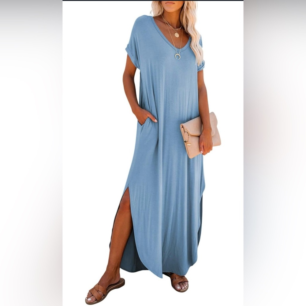 Casual V-Neck Blue Maxi Dress with Side Slits